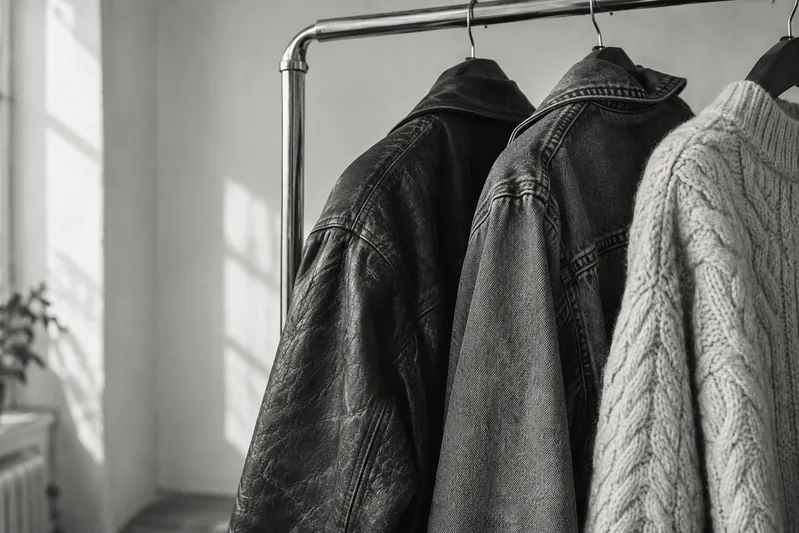 Leather, denim and knitwear on a clothing rail — a black-and-white editorial